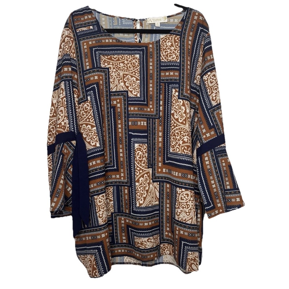 Weekend Suzanne Betro Tunic Top 3X Bell Sleeve Pullover Rust Navy Print Boho